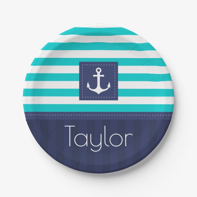 Nautical Modern Striped Anchor Design Personalised Paper Plate (Front)