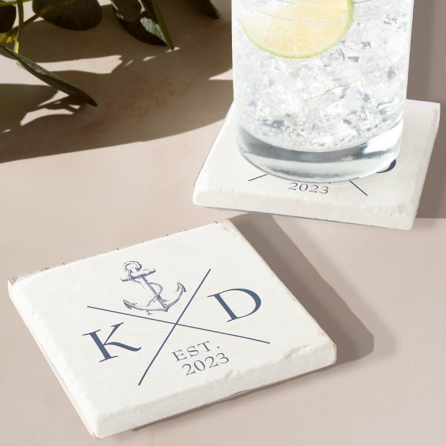 Nautical Monogram Anchor Navy Stone Coaster (Immerse yourself in the calming, serene energy of the sea with our Monogram Anchor Stone Coaster)