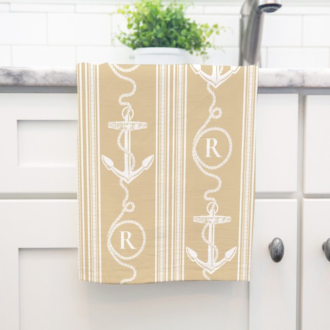 Nautical Monogram Anchor with Rope Sand Colour Tea Towel (Creator Uploaded)