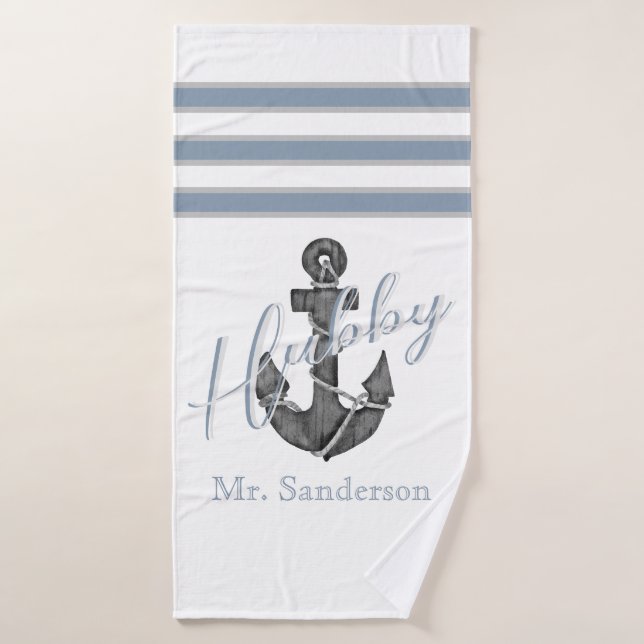 Nautical Monogram Dusty Blue Floral Anchor Beach Bath Towel (Bath Towel)