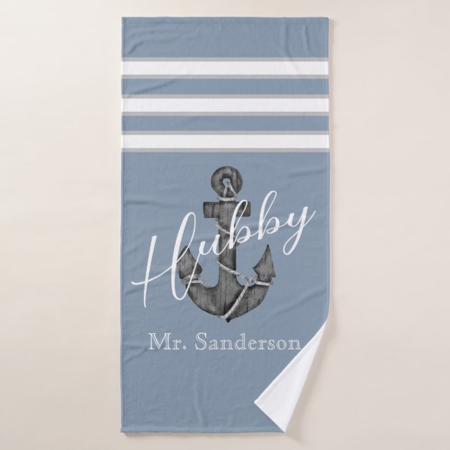 Nautical Monogram Dusty Blue Floral Anchor Beach Bath Towel (Bath Towel)