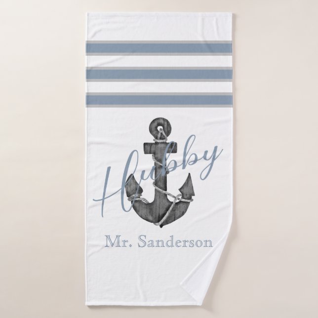 Nautical Monogram Dusty Blue Floral Anchor Beach Bath Towel (Bath Towel)