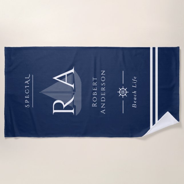Nautical Monogram Navy Beach Towel (Front)