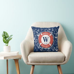 Nautical Monogram Navy Blue Anchor Beach House Cushion
