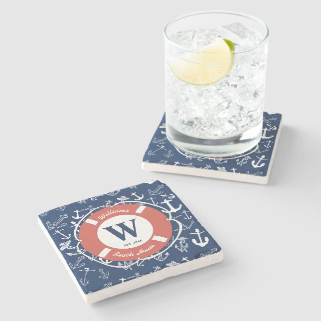 Nautical Monogram Navy Blue Anchor Beach House  Stone Coaster (Side)