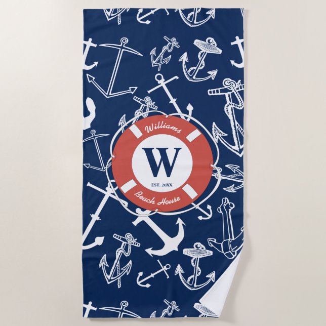 Nautical Monogram Navy Blue Anchor Beach House  Towel (Front)
