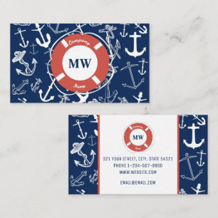 Nautical Monogram Navy Blue Anchor Pattern Business Card
