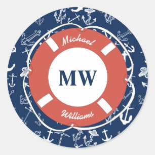 Nautical Monogram Navy Blue Anchor Pattern Classic Round Sticker