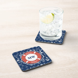 Nautical Monogram Navy Blue Anchor Pattern Coaster