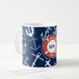 Nautical Monogram Navy Blue Anchor Pattern Coffee Mug