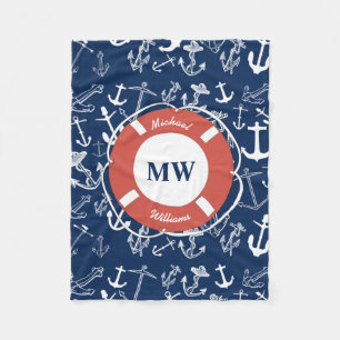 Nautical Monogram Navy Blue Anchor Pattern Fleece Blanket