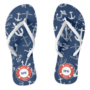 Nautical Monogram Navy Blue Anchor Pattern Flip Flops