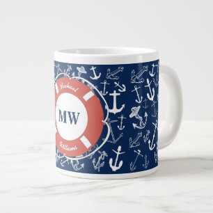 Nautical Monogram Navy Blue Anchor Pattern Large Coffee Mug