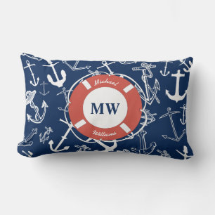 Nautical Monogram Navy Blue Anchor Pattern Lumbar Cushion