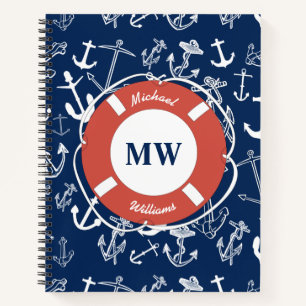 Nautical Monogram Navy Blue Anchor Pattern Notebook