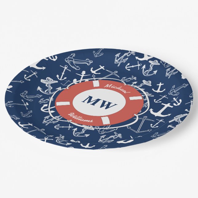 Nautical Monogram Navy Blue Anchor Pattern Paper Plate (Angled)