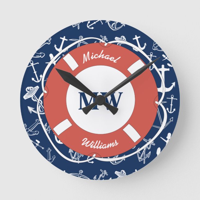 Nautical Monogram Navy Blue Anchor Pattern Round Clock (Front)