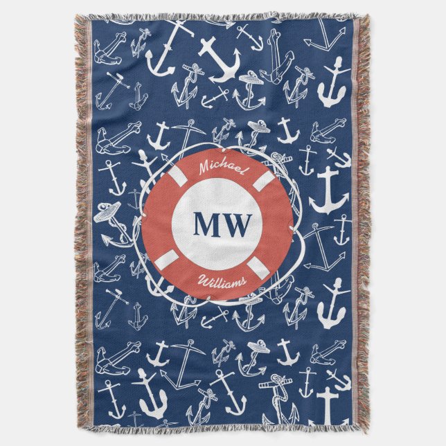 Nautical Monogram Navy Blue Anchor Pattern Throw Blanket (Front Vertical)
