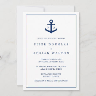 Nautical Monogram Navy Blue Anchor Spanish Wedding Invitation