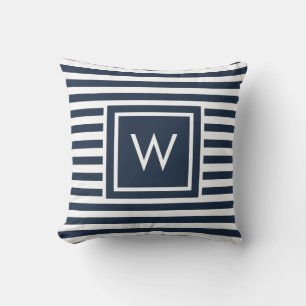 Nautical Monogram Navy Blue and White Stripe Cushion