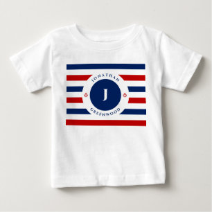 Nautical Monogram Navy Blue Red White Stripes Baby T-Shirt