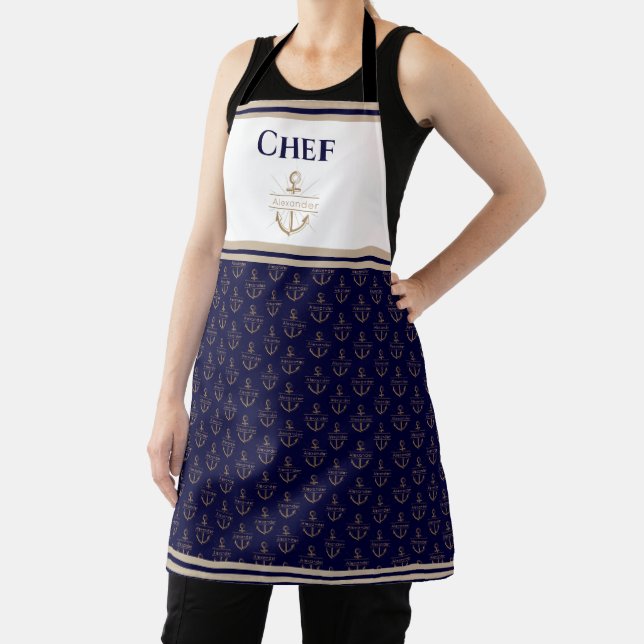 Nautical Monogram Navy Blue White Gold Apron (Insitu)