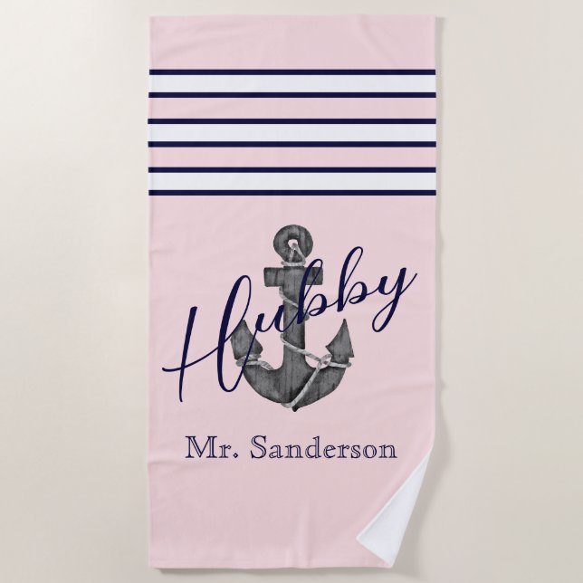 Nautical Monogram Pink and Navy Blue Anchor Beach Towel (Front)