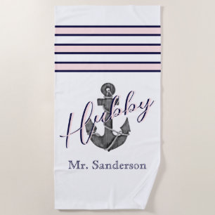Nautical Monogram Pink and Navy Blue Anchor Beach Towel