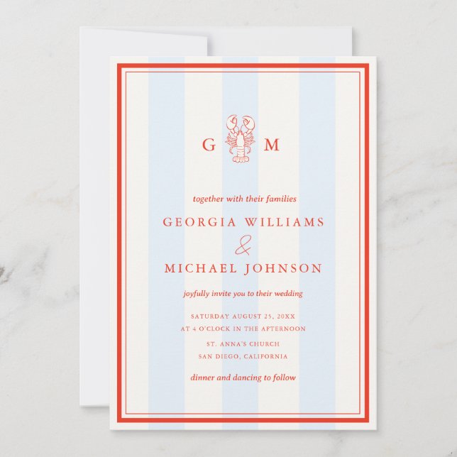 Nautical Monogram Red Blue Lobster Coastal Wedding Invitation (Front)