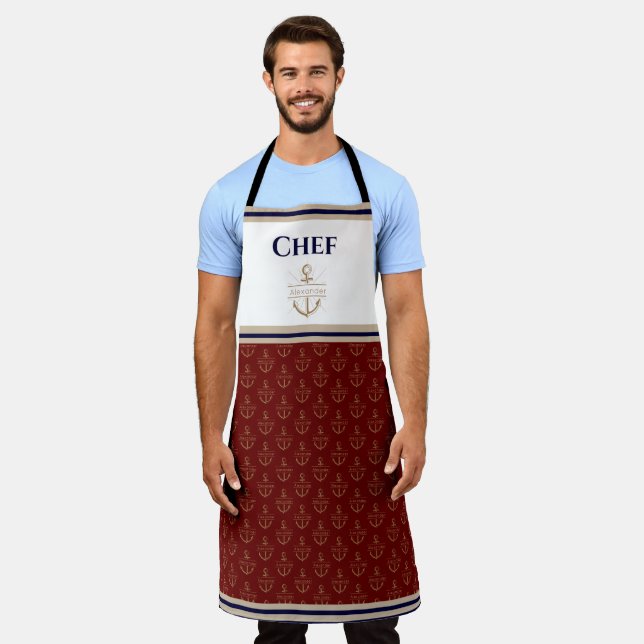 Nautical Monogram Red Navy Blue Gold Apron (Worn)