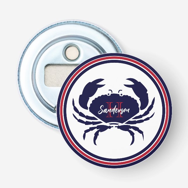 Nautical monogram red navy white crab  bottle opener (Front)