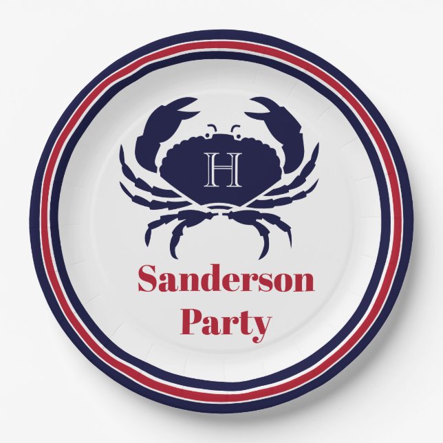 Nautical monogram red navy white crab  paper plate (Front)