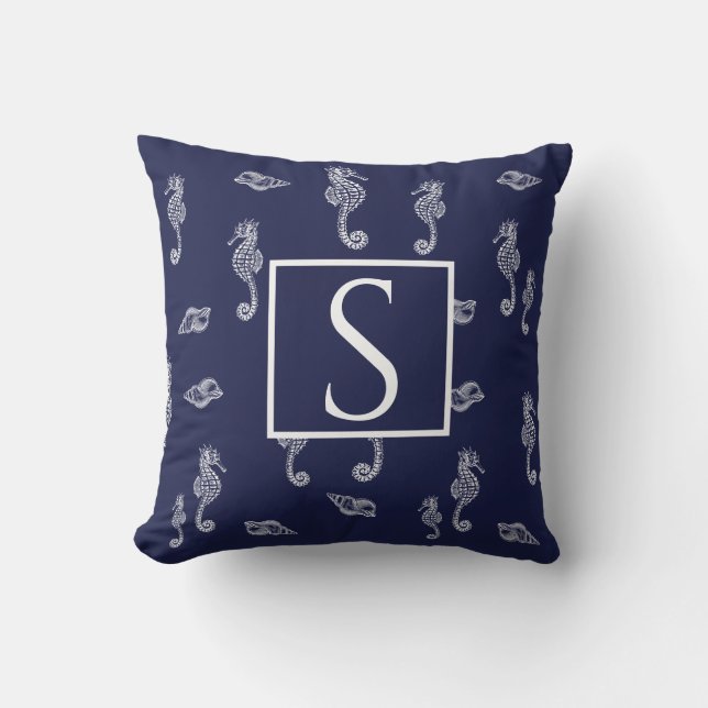 Nautical monogram Seahorse shell Navy Blue White Cushion (Front)