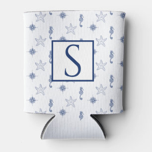Nautical monogram Seahorse Starfish Navy Blue Can Cooler