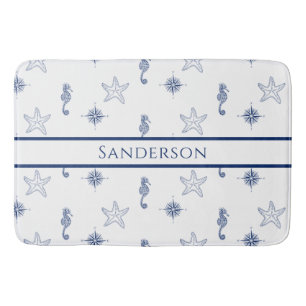 Nautical monogram Seahorse Starfish Navy Blue  Sho Bath Mat