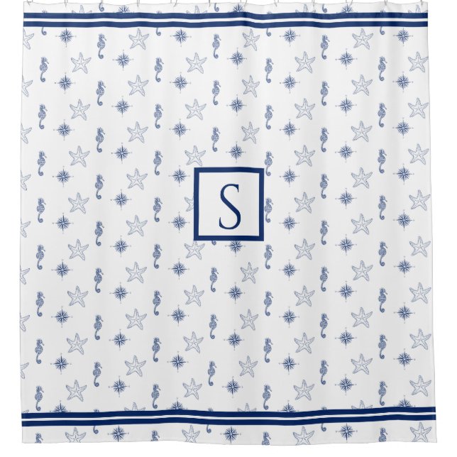 Nautical monogram Seahorse Starfish Navy Blue  Shower Curtain (Front)