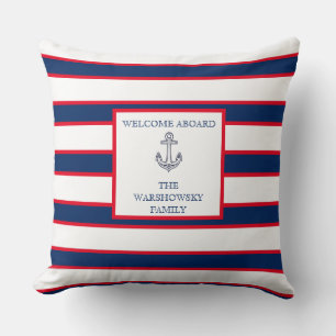 Nautical Monogram Stripes Blue Navy White Red Cushion