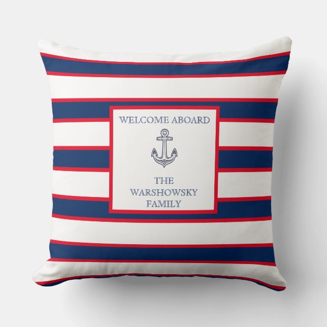Nautical Monogram Stripes Blue Navy White Red Cushion (Front)