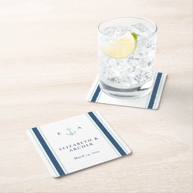 Nautical Monogram Wedding Cocktail Square Paper Coaster (Insitu)