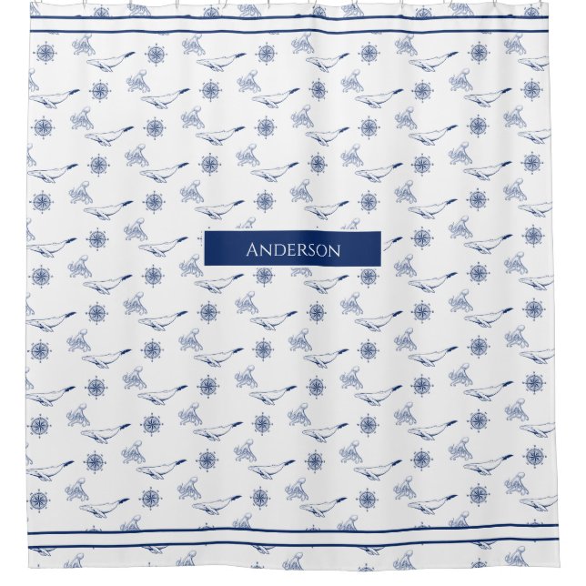  Nautical monogram Whales and octopus navy White  Shower Curtain (Front)
