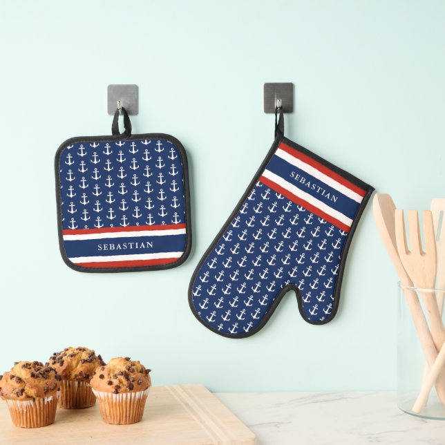 Nautical Monogrammed Navy Blue Red White Anchor Oven Mitt & Pot Holder Set (Insitu(Hanging))