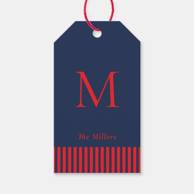 Nautical Monogrammed Navy & Red Gift Tags (Front)