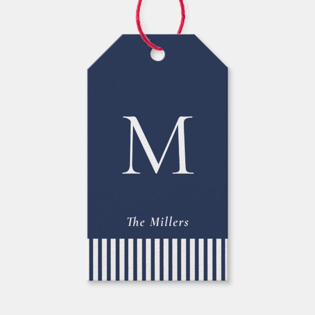Nautical Monogrammed Navy & White  Gift Tags (Front)