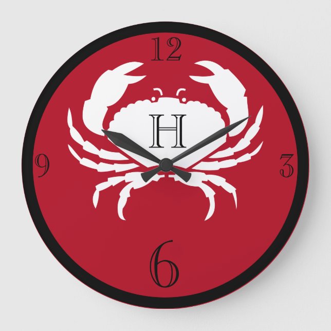 Nautical monogrammed red black white crab large clock (Front)