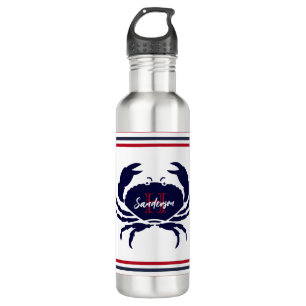 Nautical monogrammed red navy blue white crab 710 ml water bottle