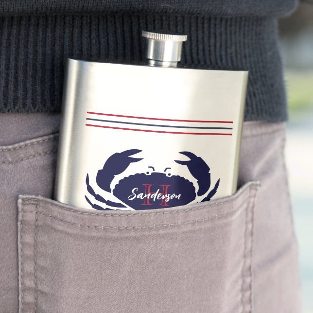 Nautical monogrammed red navy blue white  crab  hip flask (In Situ)