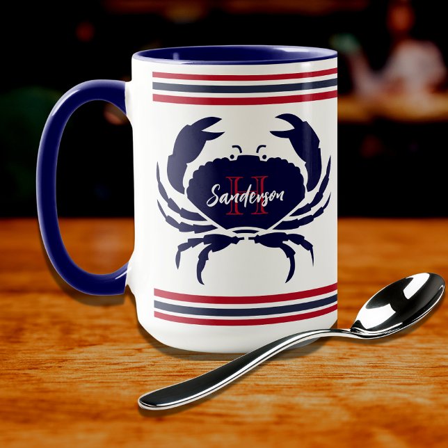 Nautical monogrammed red navy blue white  crab  mug (Creator Uploaded)