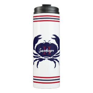 Nautical monogrammed red navy blue white  crab  thermal tumbler