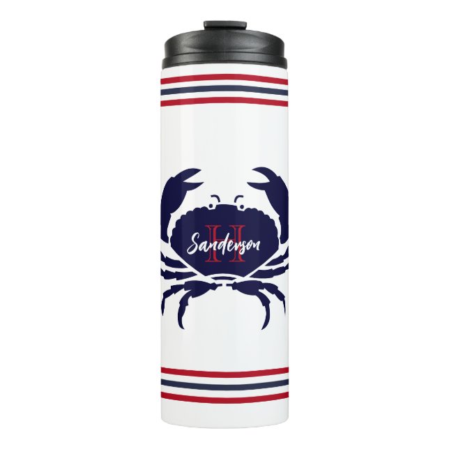 Nautical monogrammed red navy blue white  crab  thermal tumbler (Front)
