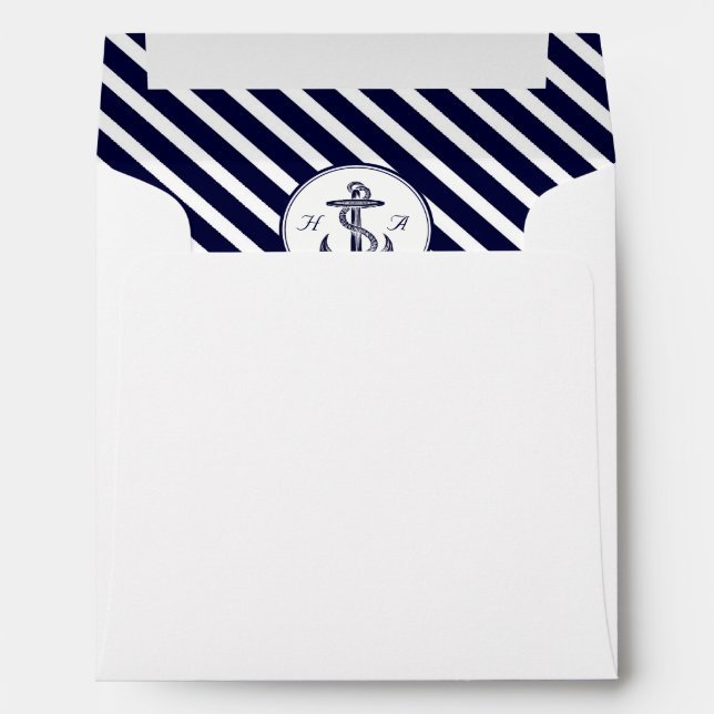 Nautical Monogrm Navy Blue White Diag Stripe #2 SQ Envelopes (Back (Bottom))